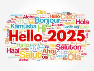 Wall Mural - Hello 2025 word cloud in different languages of the world, concept background