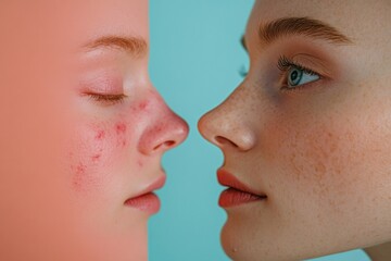 Aufkleber - Comparison of skin conditions highlighting acne and redness alongside smooth and glowing skin for skincare insights. Generative AI