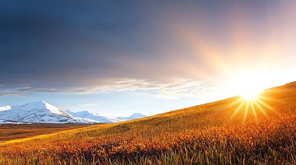 Canvas Print - Sunrise over a mountain landscape with vibrant grass and distant snow-capped peaks