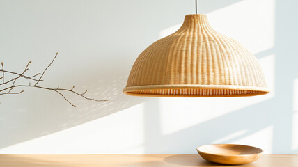 Wall Mural - stylish woven pendant light hangs above wooden bowl, casting soft shadows on minimalist table. natural materials create warm and inviting atmosphere