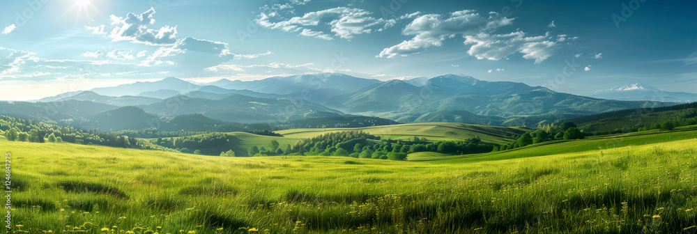 Spring green meadow with wild flowers, glass field with flowers in blue ...