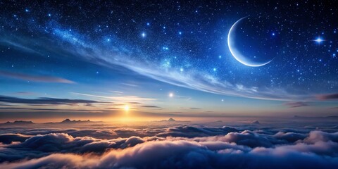 Wall Mural - Ethereal Night Sky with Moon and Stars Over Wispy Clouds at Dawn