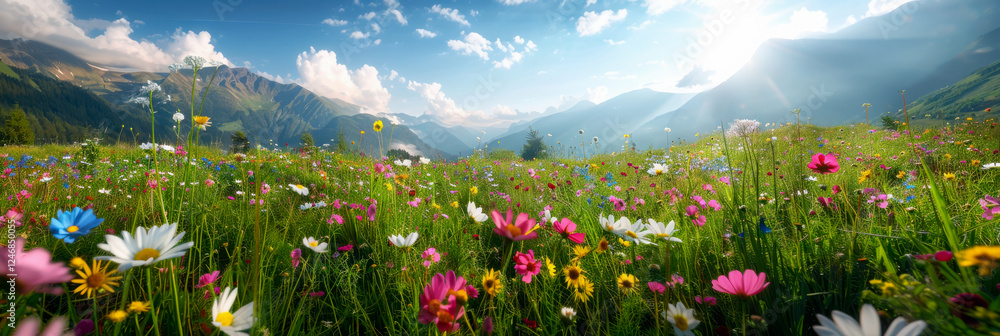 Spring green meadow with wild flowers, glass field with flowers in blue ...