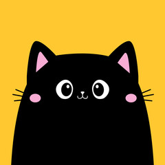 Wall Mural - Black cat kitten kitty face head icon. Pink cheeks, ears. Cute cartoon funny baby character. Funny kawaii doodle animal. Pet collection. Childish style. Flat design. Isolated Yellow background. Vector