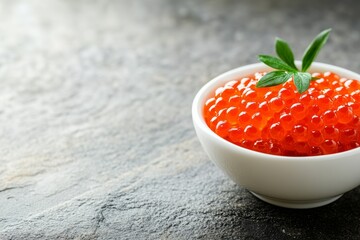 Wall Mural - close up of red caviar in the white bowl on the table background with copy space