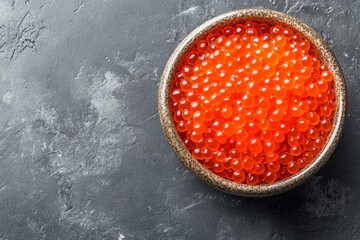 Wall Mural - top view of red caviar in the bowl on the grey table background with copy space