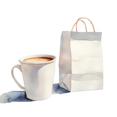Poster - A watercolor painting depicts a white coffee mug and a blank white paper bag sitting on a dark surface.