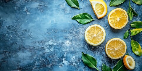 Aufkleber - Creative Citrus Arrangement with Slices and Leaves on Rustic Blue Textured Background : Generative AI
