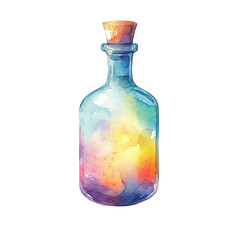 Wall Mural - A watercolor illustration depicts a colorful glass bottle sealed with a cork stopper, suggesting a magical or mystical potion.