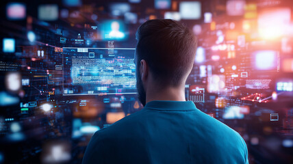man stands in front of vast array of digital screens displaying data and information, immersed in high tech environment. scene conveys sense of exploration and engagement with technology