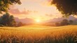© creativeideh - Sunset Wheat Field Landscape, Mountains Background
