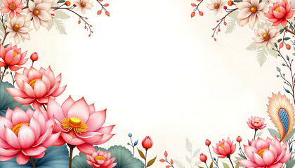 Wall Mural - Floral illustration with pink lotus and blooming flowers