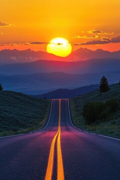 Majestic sunset over mountain range with long road leading to the horizon in vibrant colors