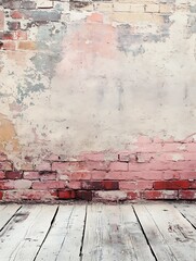 Poster - Aged Brick Wall with Textured Vintage Wooden Floor Background : Generative AI