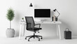 © paulmalaianu - Minimalistic modern office desk setup with a computer and chair with clean design on a white background.