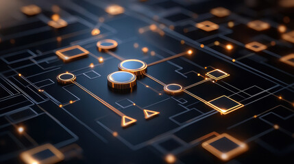 Dynamic flowchart with metallic arrows and glowing elements on dark background