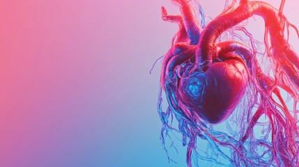 Poster - Vivid anatomical representation of the circulatory system featuring veins arteries and a heart in vibrant colors. Generative AI