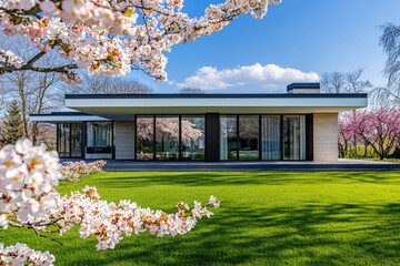 elegant modern home with a well-kept lawn and spring blossoms