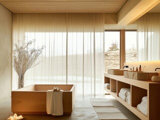 Wall Mural - A bathroom with a wooden tub and a large window