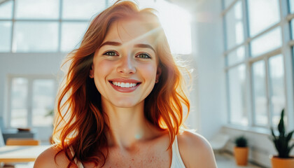 Wall Mural - Portrait of a freckled red-haired woman with a radiant smile, standing in bright sunlight inside a modern space.