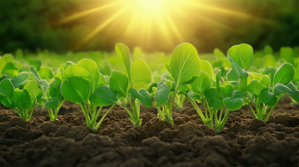 Wall Mural - Lush green radish plants thriving in rich soil under bright sunlight, showcasing nature beauty and growth