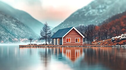 Wall Mural - Tranquil lakeside cabin surrounded by misty mountains and autumn foliage reflecting on water