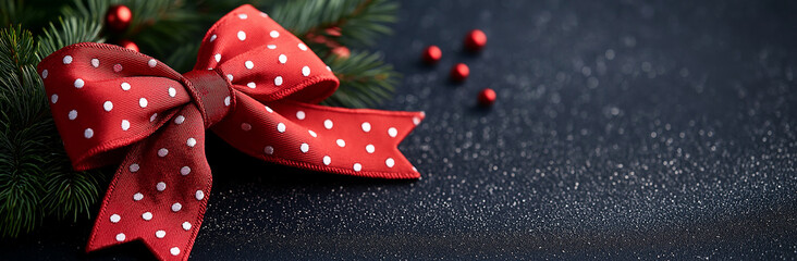 Wall Mural - festive red bow tie with white polka dots is elegantly placed on dark background, surrounded by pine branches and decorative red beads, creating cheerful holiday atmosphere