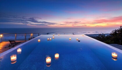 Wall Mural - sunset tranquility at a serene beachfront infinity pool surrounded by glowing candles