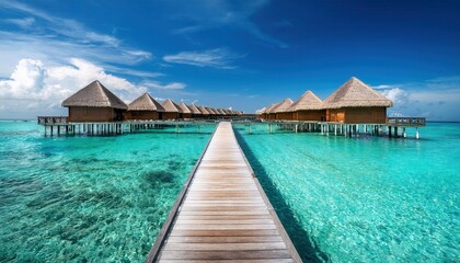 Wall Mural - experience a serene summer day with stunning turquoise waters and charming bungalows on stilts