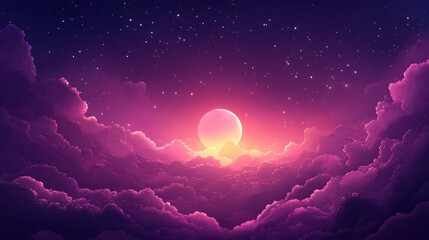 Wall Mural - Dreamy celestial scene with pink moon and fluffy clouds against a starry night sky