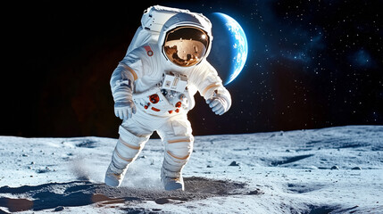 Wall Mural - an astronaut walks on the moon's surface, with earth visible in