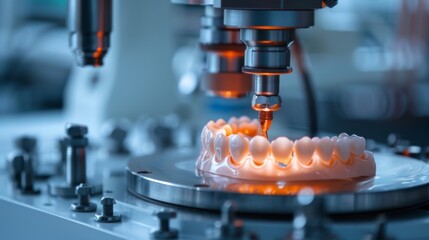 Poster - In a cutting edge laboratory, a 3D printer meticulously fabricates detailed dental models. The process showcases innovative technology, highlighting precision and efficiency in dentistry.