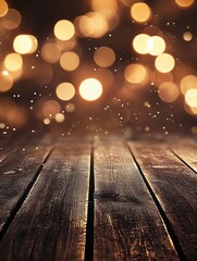 Fototapete - Rustic Charm Wooden Floor with Golden Bokeh Light Sparkles in Warm Holiday Atmosphere : Generative AI