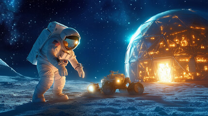 Wall Mural - an astronaut investigates the lunar surface next to a robotic ro