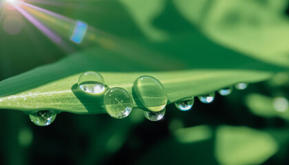 A detailed macro view of water droplets reflecting light on a vibrant green leaf, symbolizing nature's purity and freshness.