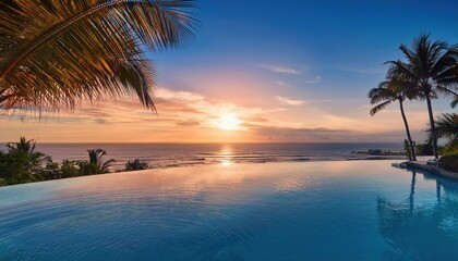 Wall Mural - captivating sunset over a serene ocean framed by lush palm trees during summertime bliss