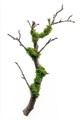 mossy tree branch isolated on white background showing natural organic texture and growth