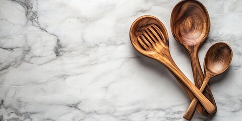 Aufkleber - Minimalist Wooden Kitchen Utensils on Marble Surface for Modern Culinary Design : Generative AI