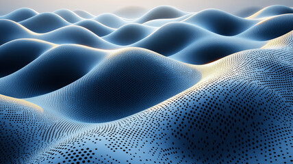 Wall Mural - Digital landscape with blue waves and dotted texture, creating serene and abstract atmosphere