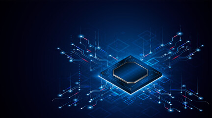 Leinwandbilder - Microchip processor circuit board technology on dark blue background. Information Processing Concept. Circuit board hi-tech technology background. vector illustration	