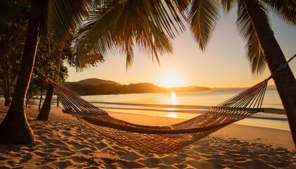 Wall Mural - Relaxing in a hammock on a vibrant summer evening by the beach as the sun sets over the horizon