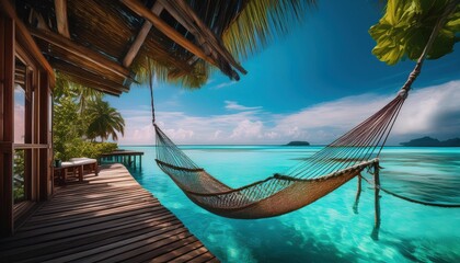 Wall Mural - experience serene summer days by the tropical water in a cozy hammock