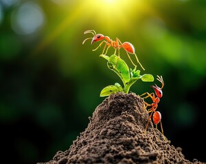 Wall Mural - Two ants are busy exploring a sprouting plant atop a soil mound, illuminated by sunlight, showcasing nature's intricate ecosystem.