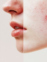 Leinwandbilder - Split face comparison highlighting skin issues and smooth complexion for beauty analysis and skincare awareness. Generative AI
