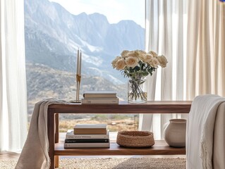 Wall Mural - A wooden table with a vase of flowers and a basket of books