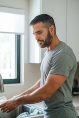 Wall Mural - A man is washing his hands in a sink. He is wearing a gray shirt and has a beard