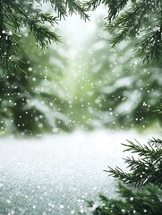 Poster - Serene Winter Forest with Falling Snow and Pine Branches at Daybreak : Generative AI