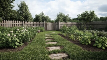 Wall Mural - Peaceful garden path leads to wooden gate