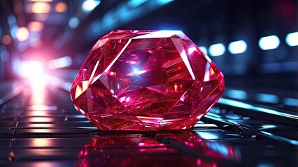 A large, faceted red gemstone resting on railroad tracks