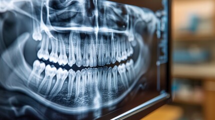 Poster - A dental x ray reveals the alignment of teeth and bone structures, showcasing potential dental issues, while a clinical environment provides a focused backdrop.
